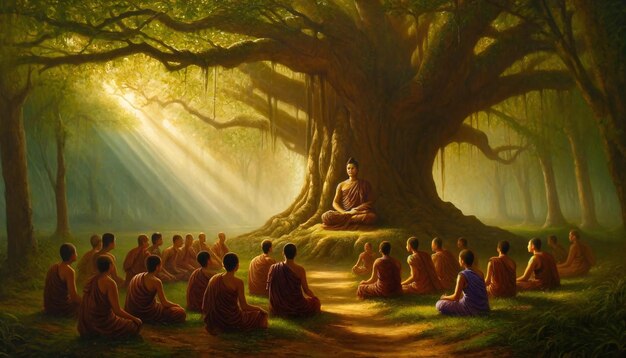 Pittura a olio di Buddha che insegna ai suoi studenti sotto l'albero sacro