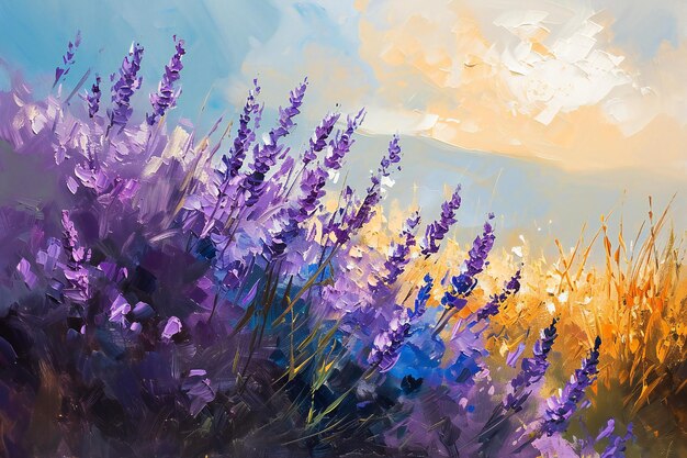 Pittura a olio di fiori di lavanda su tela Impressionismo moderno