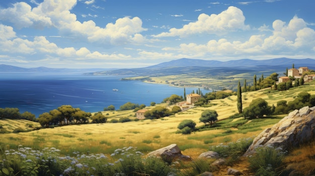 Pittura a olio di ispirazione mediterranea Maestosa campagna con campi di grano e oceano