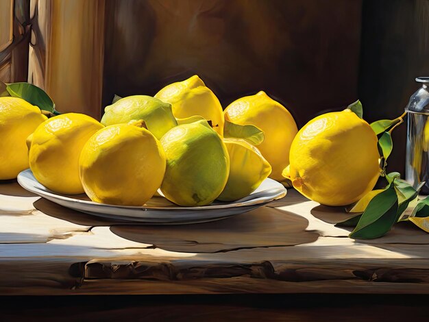 Pittura a olio di limoni gialli Frutti di limone sullo sfondo di tavolo in legno