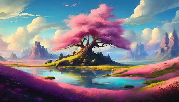 Pittura a olio di montagne fiume o lago natura rosa in fiore bellissimo paesaggio naturale