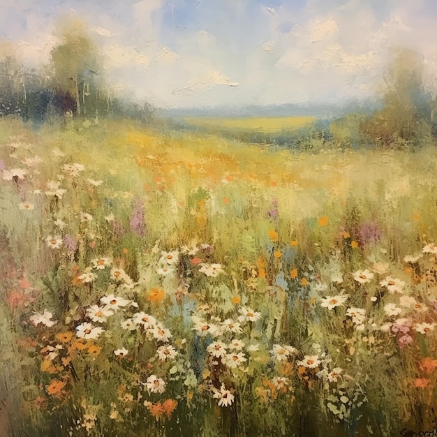 Pittura a olio di paesaggi di fiori selvatici