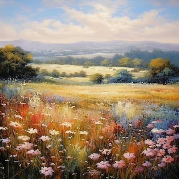 Pittura a olio di paesaggi di fiori selvatici