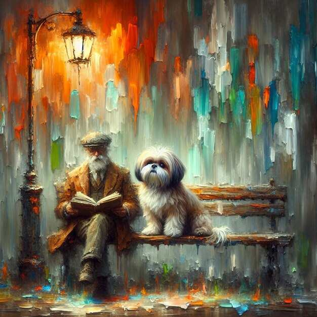 Pittura a olio di un cane shih tzu seduto su una panchina e che legge un libro
