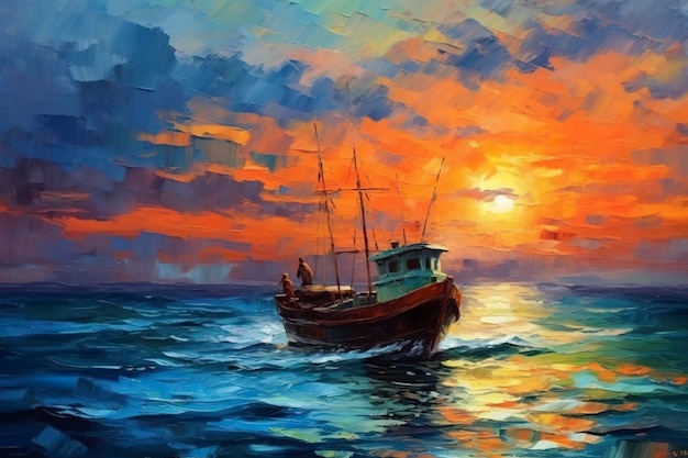 Pittura a olio di una barca di pescatori al tramonto sul mare concetto di paesaggio marino AI Generative