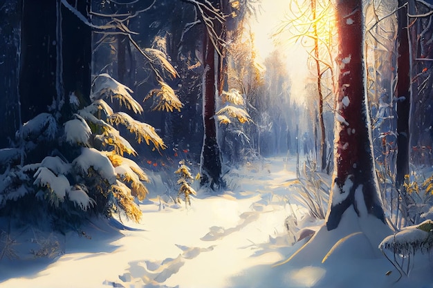 Pittura a olio digitale del solstizio d'inverno in una foresta innevata isolata dopo la caduta della neve ai