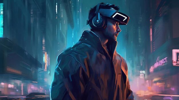 Pittura a olio digitale di un ambiente urbano futuristico con un personaggio Cyberpunk di un videogioco