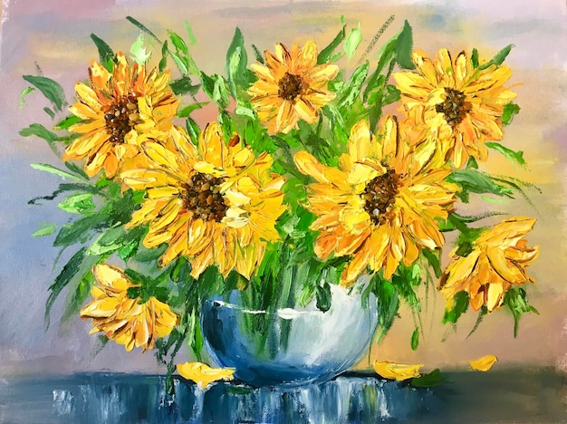 Pittura a olio fiori gialli girasoli in un vaso Colori ad olio gialli
