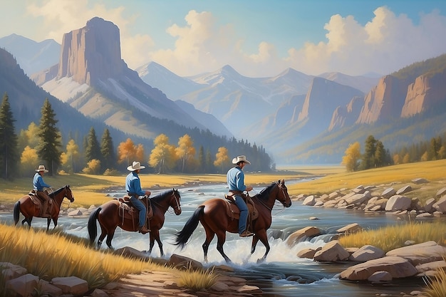 Pittura a olio immagine artistica di un paesaggio immagine delle montagne del Tennessee cowboy e stile occidentale con un fiume e cavalli