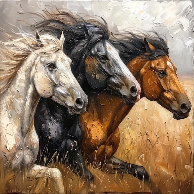 pittura a olio morbido di un cavallo arabo bianco cavallo frisone nero cavallo palomino marrone