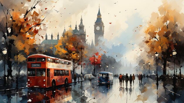 pittura a olio su tela vista di strada di Londra opera d'arte Big Ben coppia e ombrello rosso