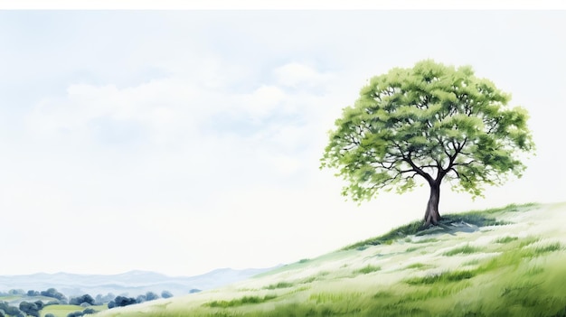 Pittura acquerellata minimalista di un albero solitario su una collina verde