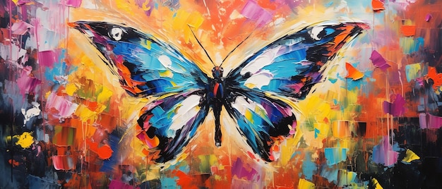 Pittura acrilica a olio astratta colorata illustrazione di coltello a pallet a farfalla colorato su tela