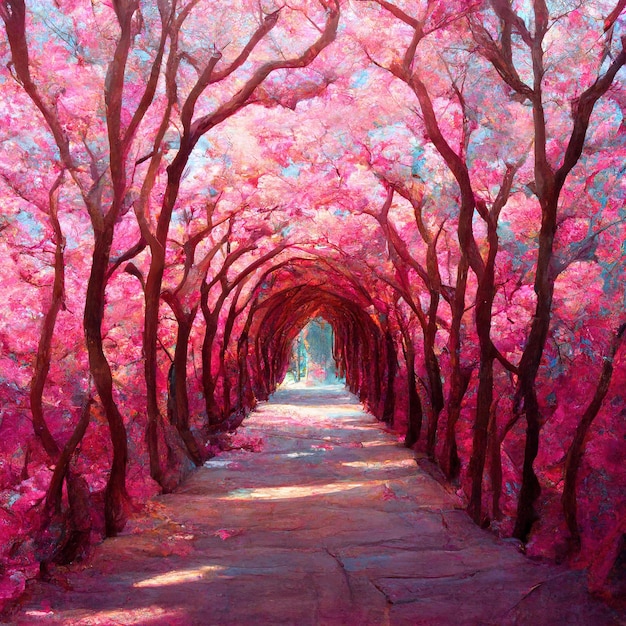 pittura acrilica del tunnel dell'albero rosa