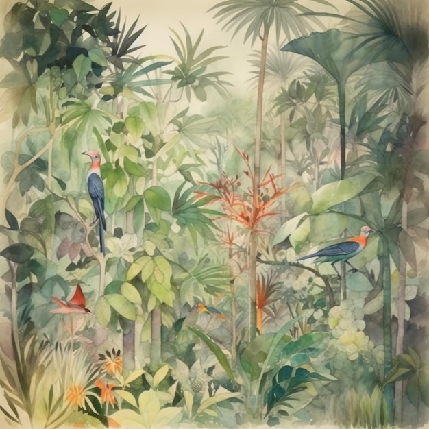 pittura ad acquerello altamente dettagliata della foresta tropicale