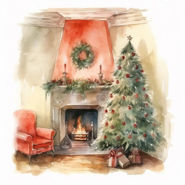 Pittura ad acquerello Arafed di un albero di Natale in un soggiorno generativo ai