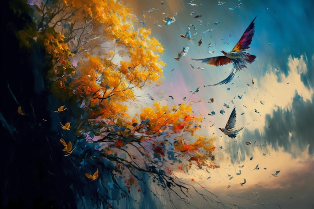Pittura ad acquerello arte digitale di alta qualità di una foresta con uccelli.