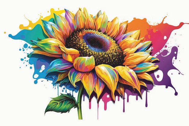 Pittura ad acquerello colorato girasole con spruzzi per sfondo estivo