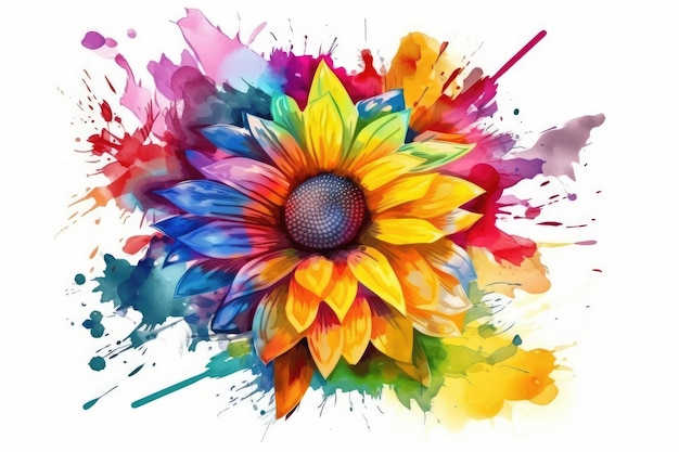 Pittura ad acquerello colorato girasole con spruzzi per sfondo estivo