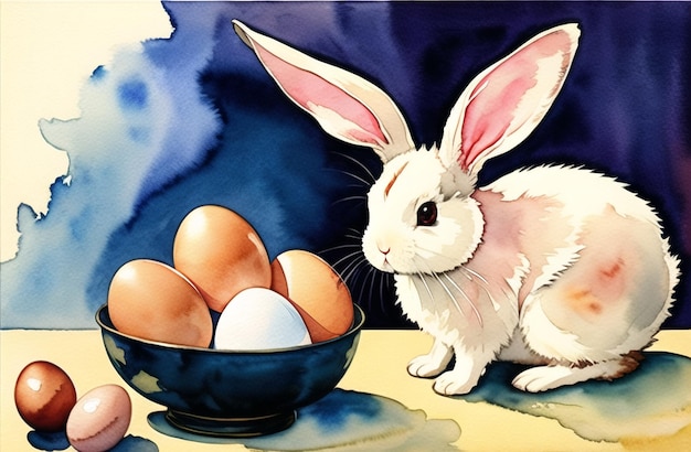 Pittura ad acquerello Coniglietto pasquale Uova Paesaggio Tema pasquale Design Buona Pasqua AI Generato