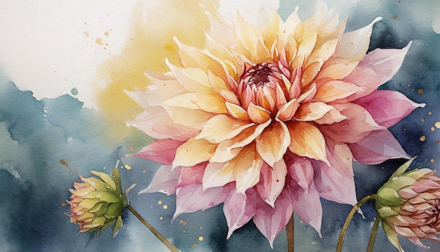 Pittura ad acquerello del fiore di Dahlia Arte botanica disegnata a mano Bella composizione floreale