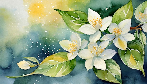 Pittura ad acquerello del fiore di gelsomino Arte botanica disegnata a mano Bella composizione floreale