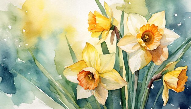 Pittura ad acquerello del fiore di narcisi arte botanica disegnata a mano bella composizione floreale