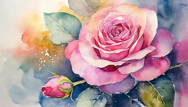 Pittura ad acquerello del fiore di rosa Arte botanica disegnata a mano Bella composizione floreale