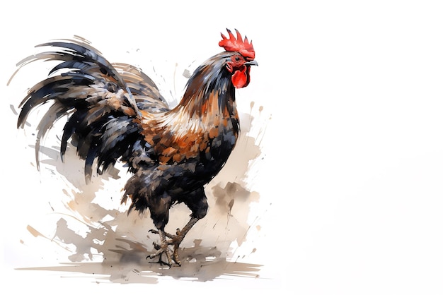 Pittura ad acquerello del gallo su sfondo bianco Animali da fattoria Illustrazione AI generativa