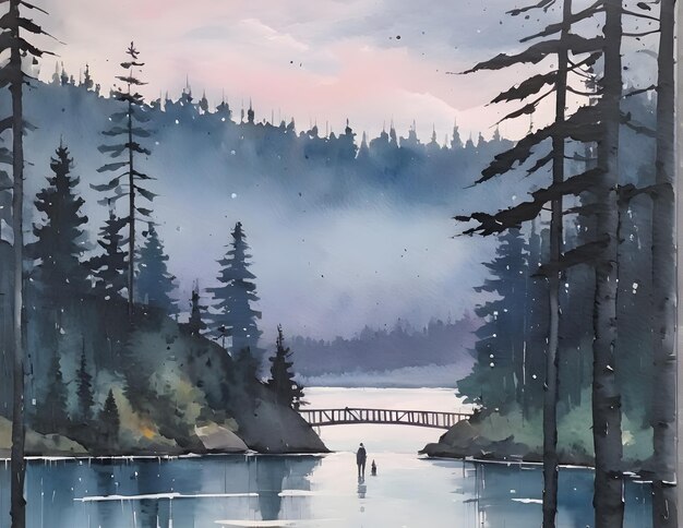 Pittura ad acquerello del mattino sul fiume e sul lago
