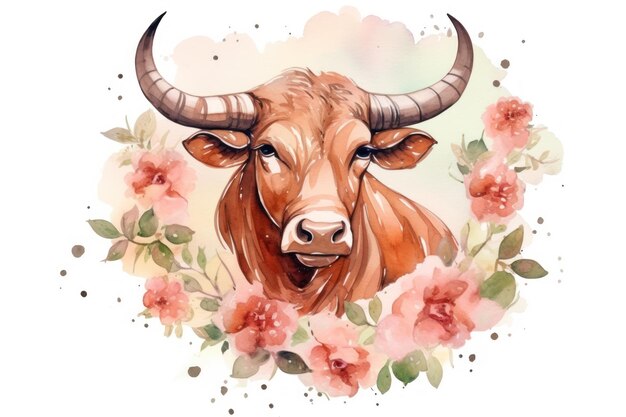 Pittura ad acquerello del segno zodiacale Toro in stile botanico su sfondo bianco puro generato dall'IA