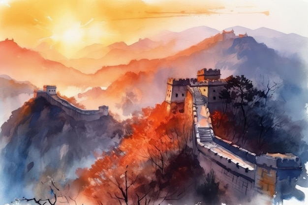 Pittura ad acquerello del tramonto della Grande Muraglia cinese