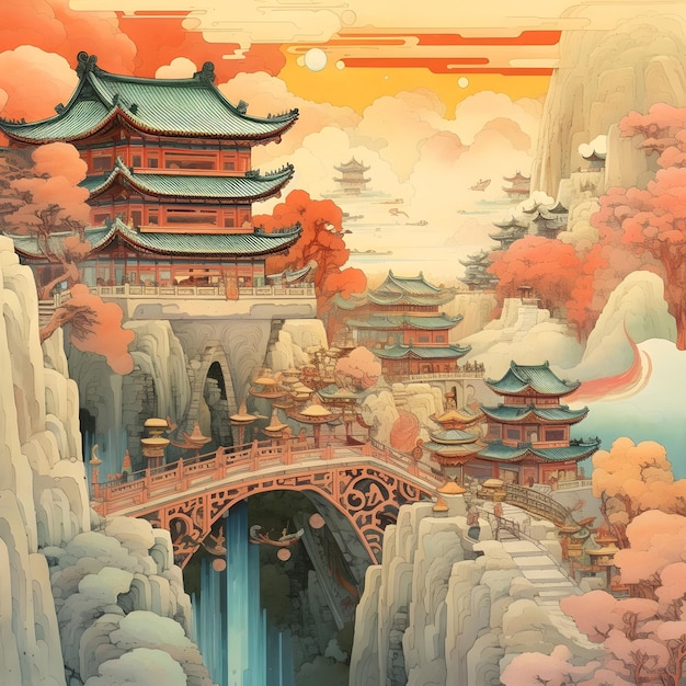 Pittura ad acquerello dell'architettura cinese