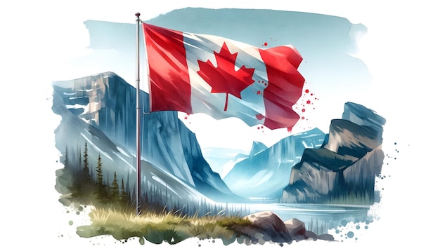 Pittura ad acquerello della bandiera canadese che sventola davanti alle cime delle montagne