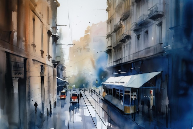 Pittura ad acquerello della bellissima città Dipinto di riferimento con edifici colorati trasporti urbani