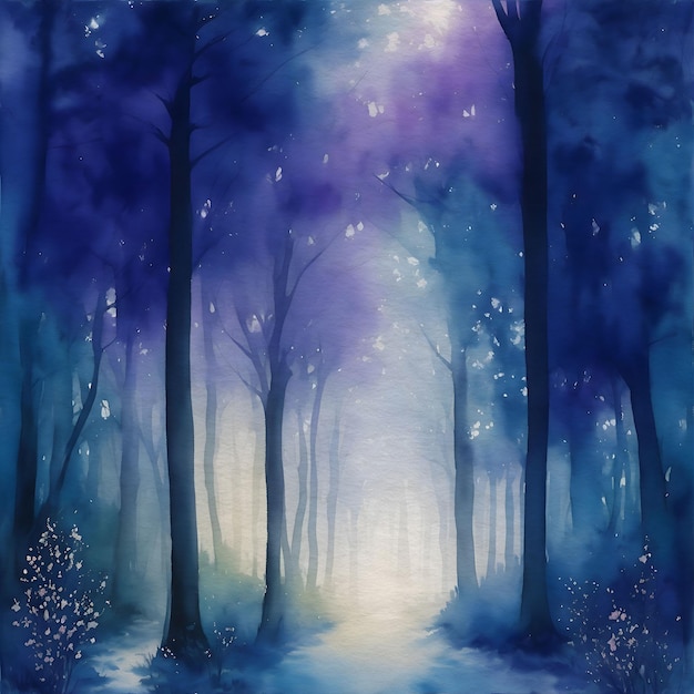 Pittura ad acquerello della foresta nebbiosa di notte