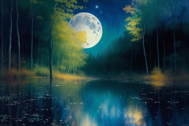 Pittura ad acquerello della luce intensa della luna notturna profonda che galleggia sull'acqua limpida nella terra della foresta