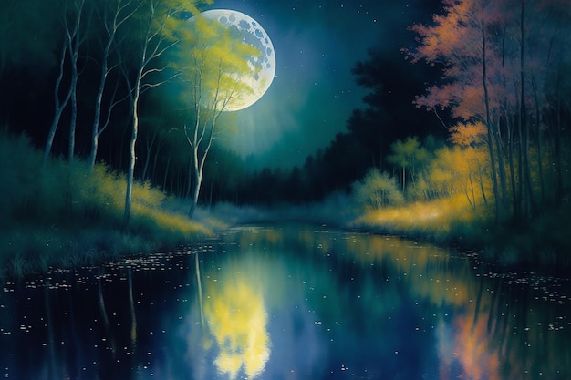 Pittura ad acquerello della luce intensa della luna notturna profonda che galleggia sull'acqua limpida nella terra della foresta