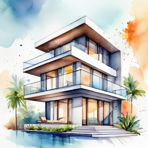 pittura ad acquerello dettagli foglio stile minimal tre livelli competizione architettonica villa moderna.