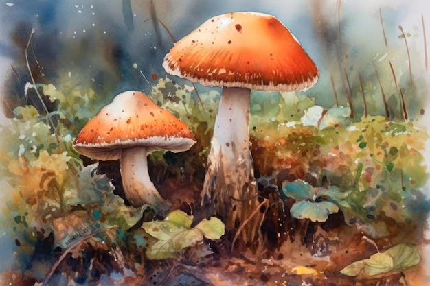 Pittura ad acquerello di alcuni funghi su uno sfondo naturale IA generativa