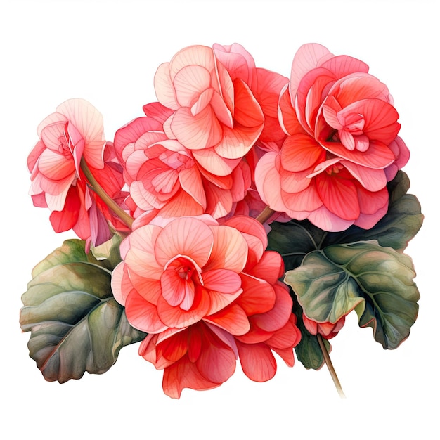 Pittura ad acquerello di begonia su sfondo bianco