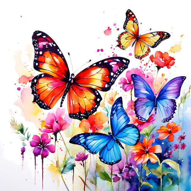 Pittura ad acquerello di bellissime farfalle e fiori colorati illustrazione