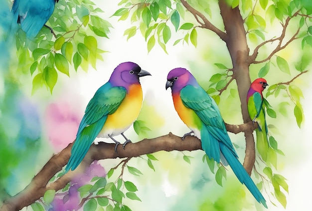 Pittura ad acquerello di bellissimo uccello colorato seduto sul ramo di un albero verde