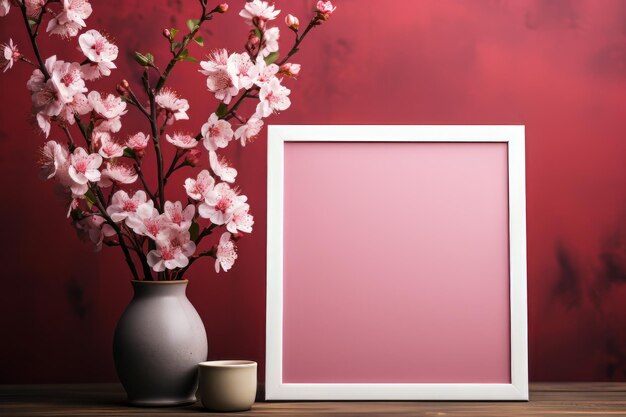 Pittura ad acquerello di cornice di legno bianca e fiori bianchi su uno sfondo rosa