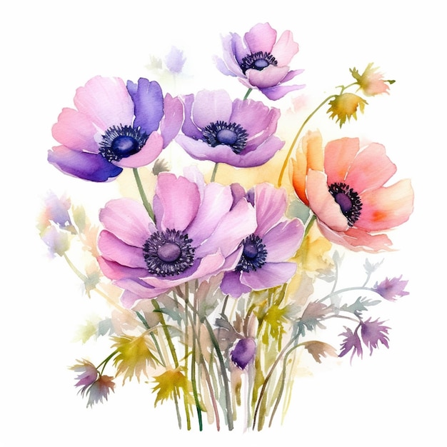 Pittura ad acquerello di fiori di anemoni in viola, arancione e giallo