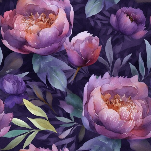 Pittura ad acquerello di fiori di peonia viola con foglie.