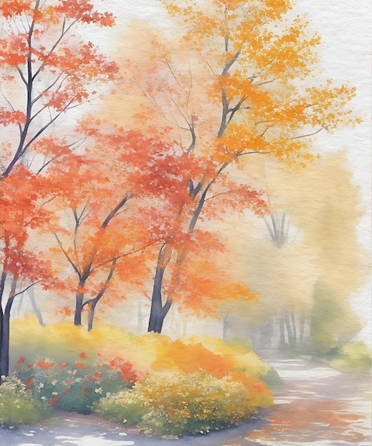 Pittura ad acquerello di foglie d'autunno in un parco