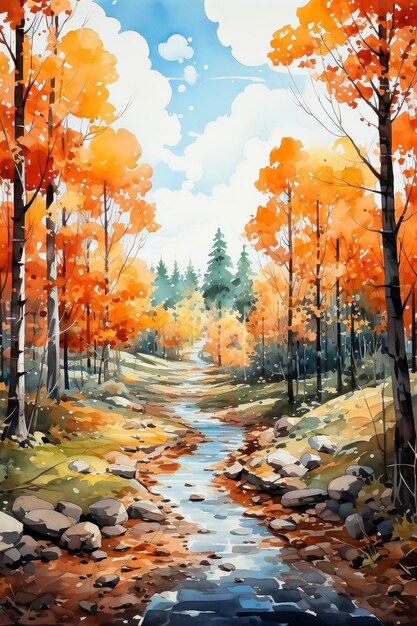 Pittura ad acquerello di foresta di betulle in autunno con fiume e riflessi