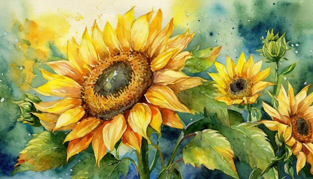 Pittura ad acquerello di girasole Arte botanica disegnata a mano Bella composizione floreale