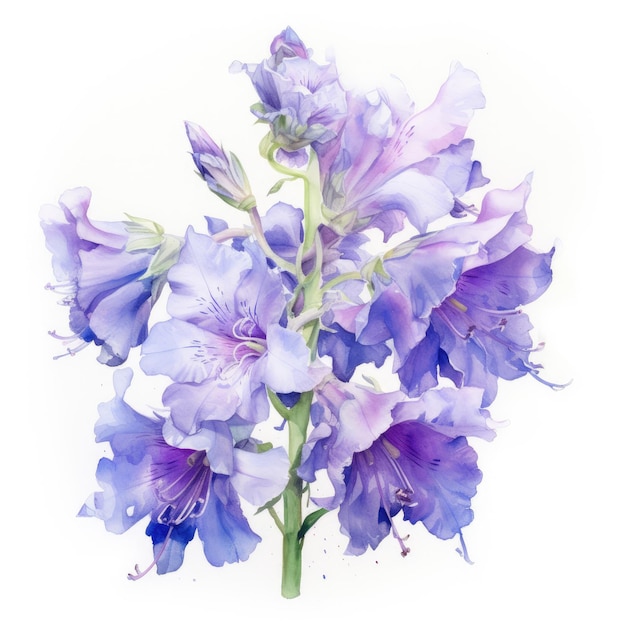 Pittura ad acquerello di larkspur su sfondo bianco